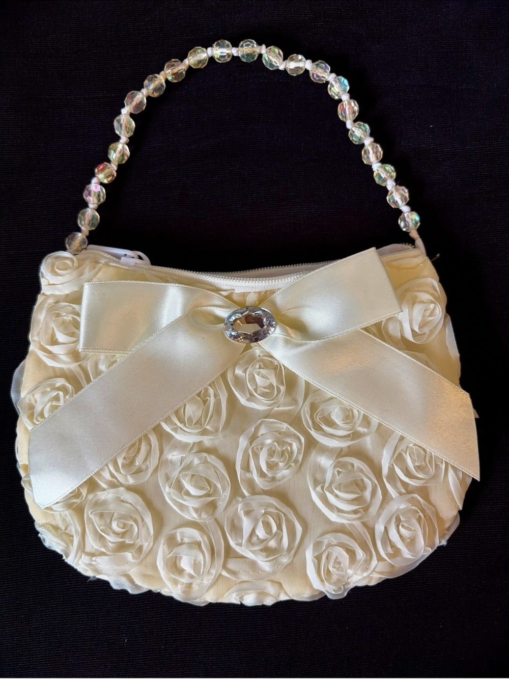 New Little Girl Ivory Satin Floral Bow Evening Bag with Crystal Handle